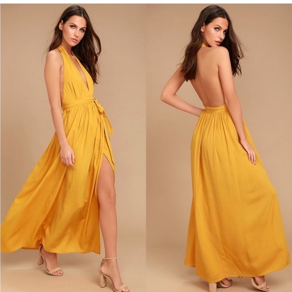 LULUS MAGICAL MOVEMENT MUSTARD YELLOW WRAP MAXI DRESS - Picture 1 of 5